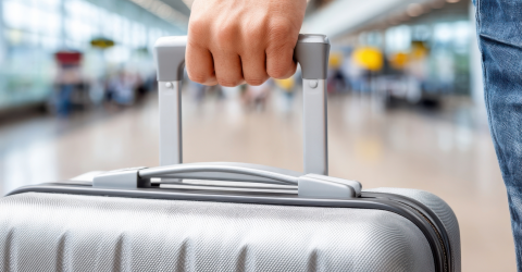 Persoon houdt koffer in zijn hand op een luchthaven